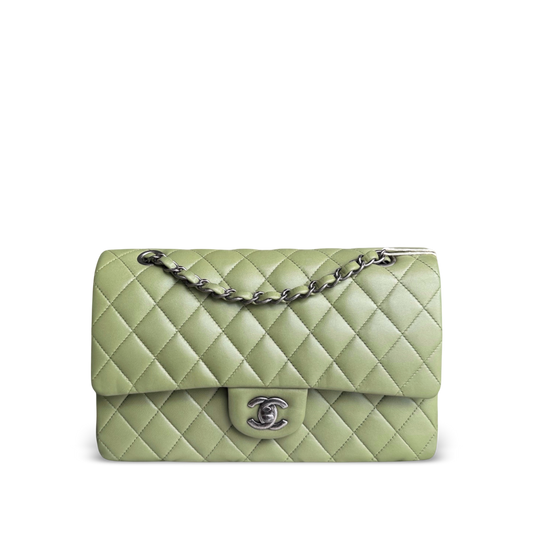 Chanel Classic Flap Medium - 25CM Quilted Lambskin Olive Green Silver Hardware Series 20
