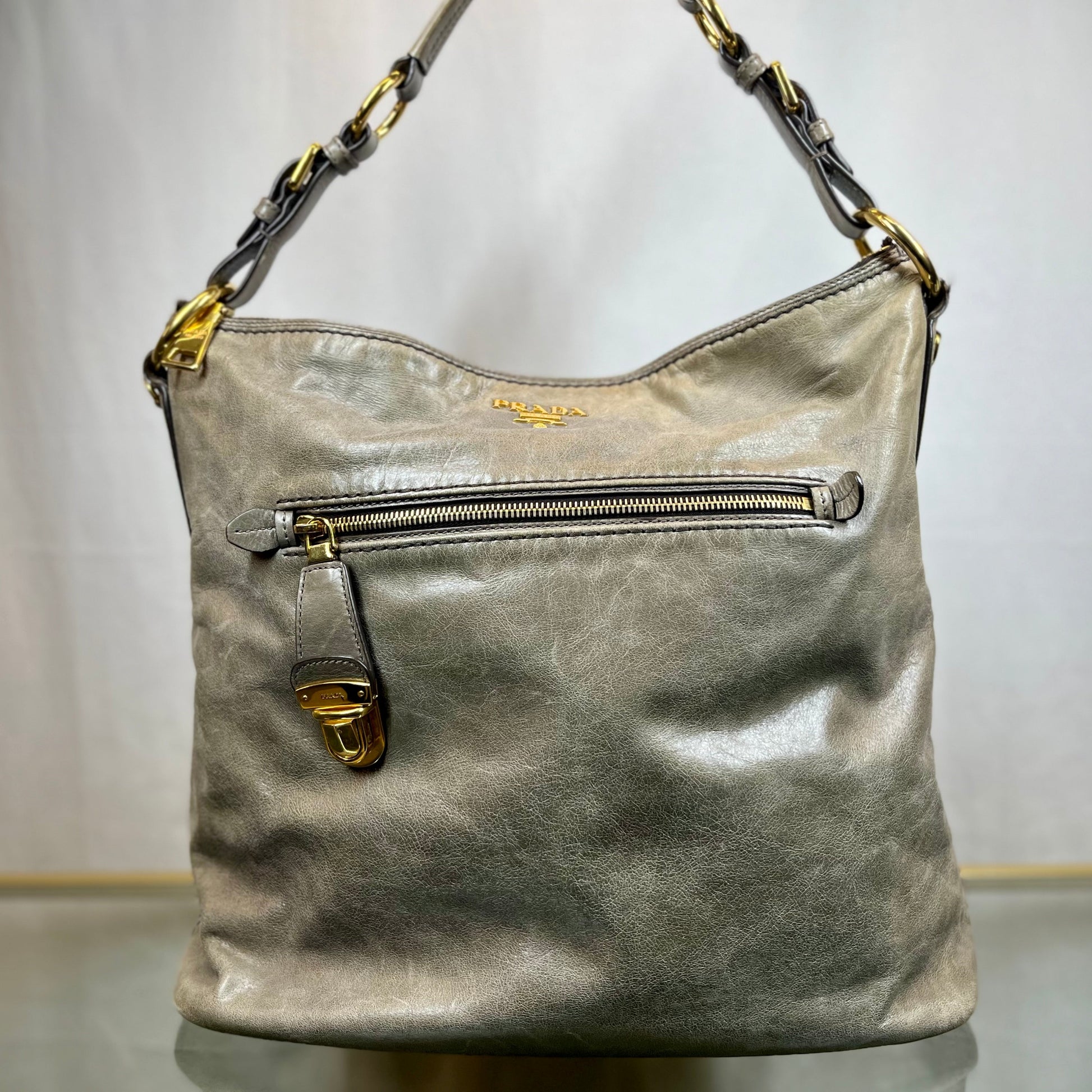 Prada Fumo Vitello Shine Hobo Bags