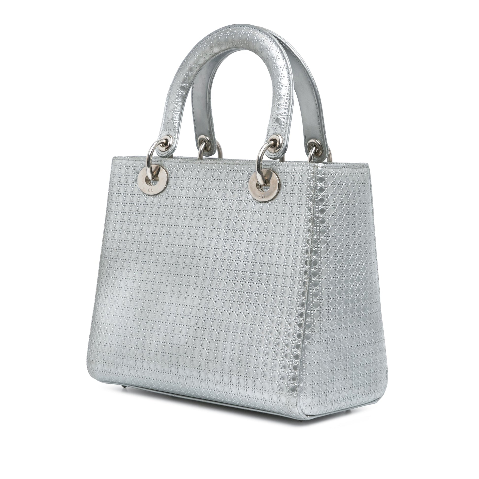 Silver Dior Medium Metallic Patent Microcannage Lady Dior Satchel