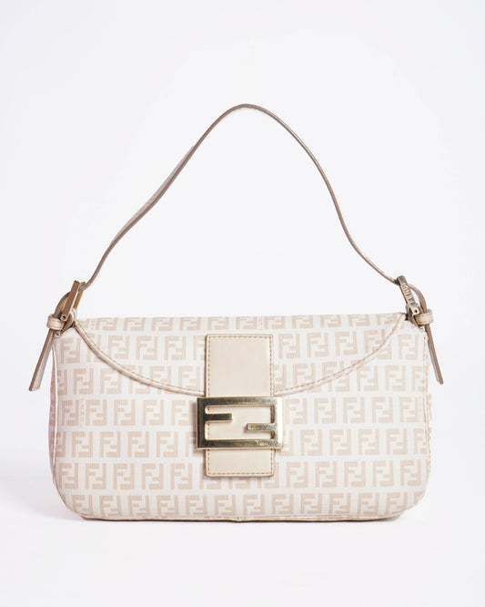 Fendi Zucchino Canvas Mamma Baguette Shoulder Bag Beige