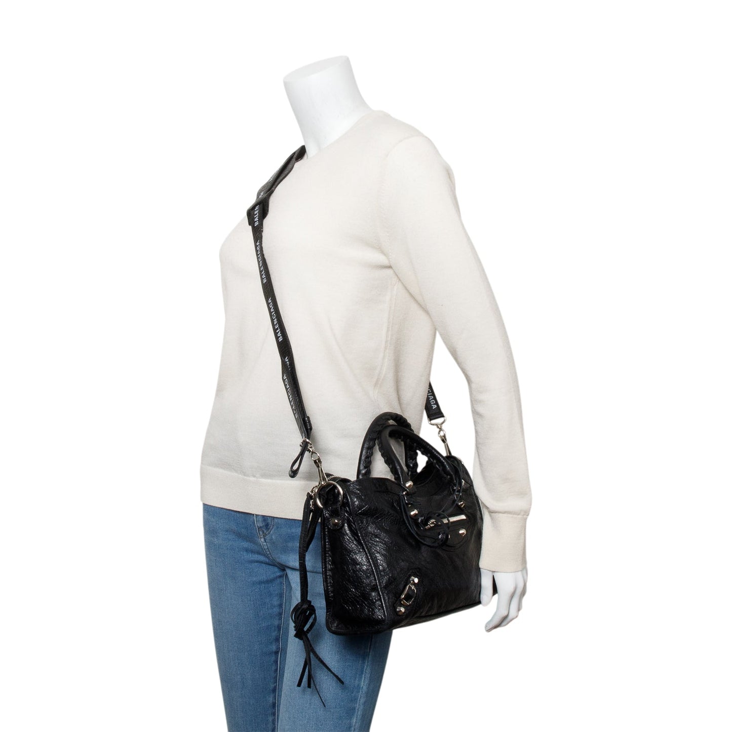 Balenciaga Black Agneau Leather Small Logo Strap Motocross Classic City Bag