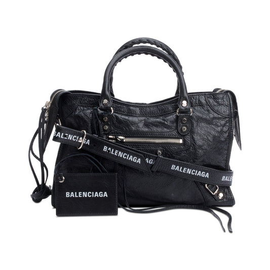 Balenciaga Black Agneau Leather Small Logo Strap Motocross Classic City Bag