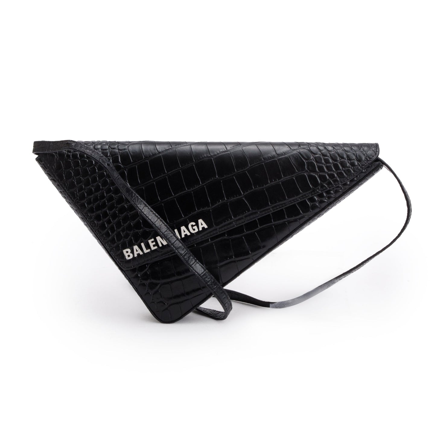 Balenciaga Black Croc-Embossed Calfskin Leather Triangle Clutch