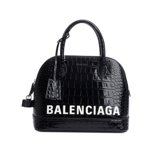 Balenciaga Black Croc-Embossed Calfskin Leather Ville S Top Handle Bag