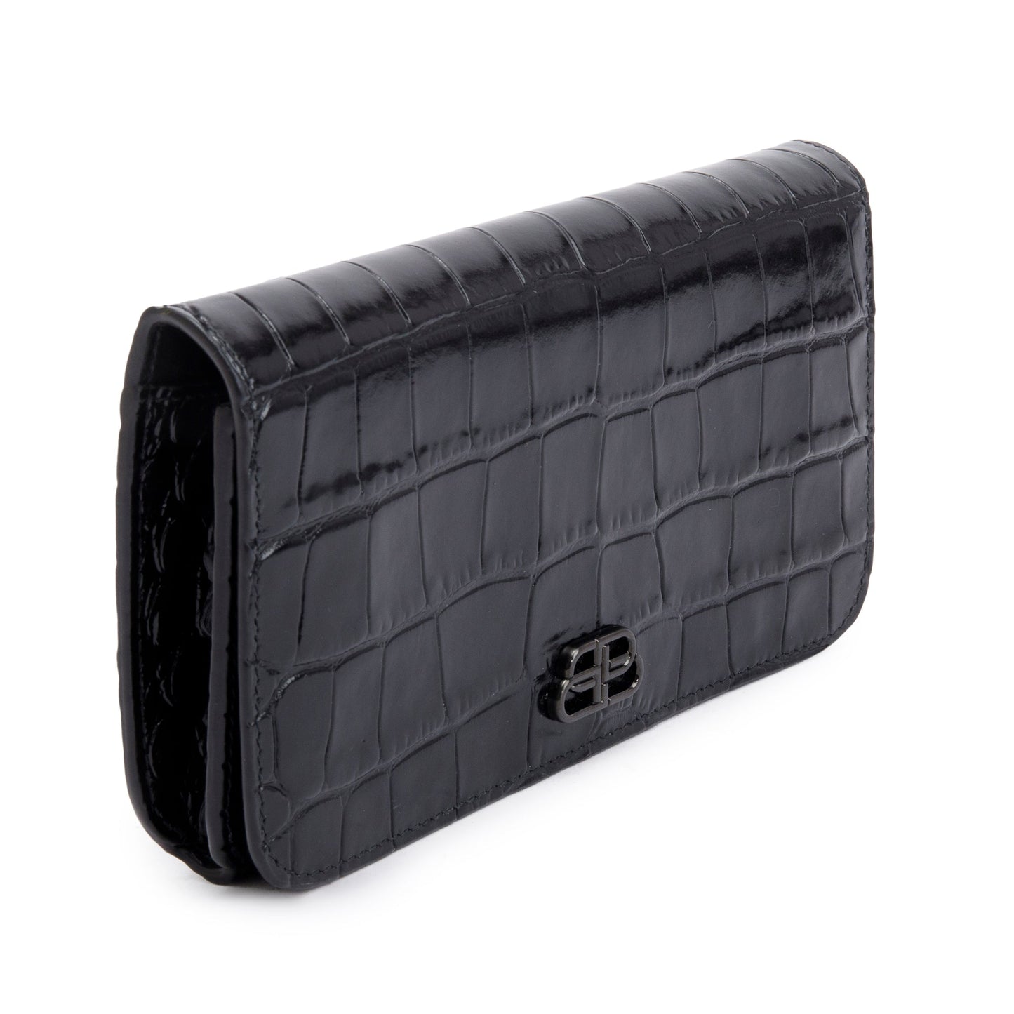 Balenciaga Black Croc-Embossed Leather Phone Holder Wallet on Chain