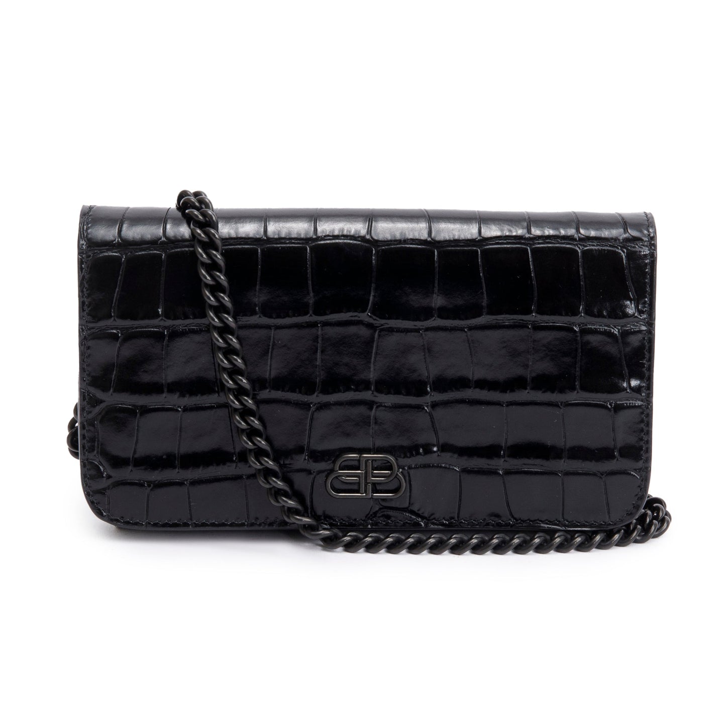 Balenciaga Black Croc-Embossed Leather Phone Holder Wallet on Chain