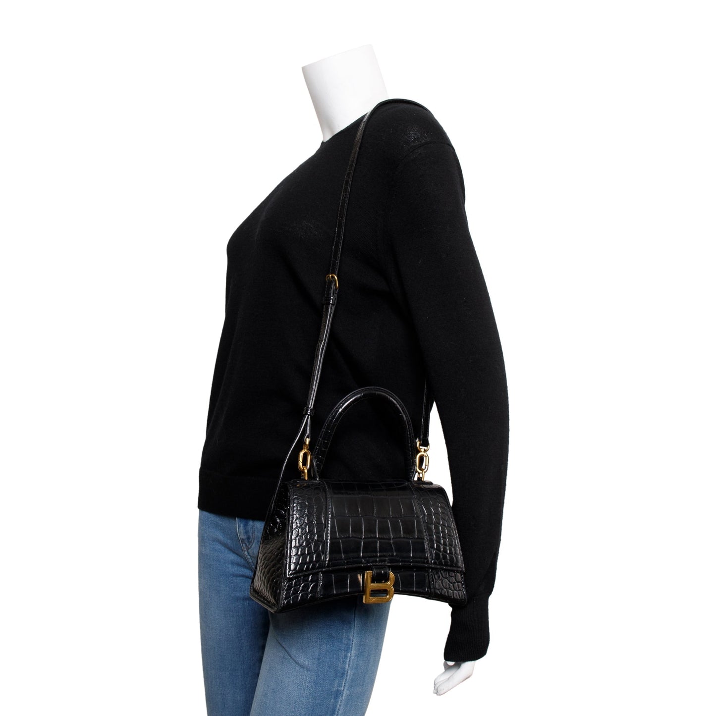 Balenciaga Black Croc-Embossed Leather Small Hourglass Top Handle Bag