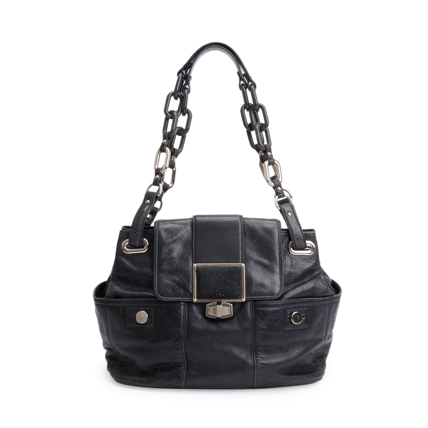 Balenciaga Black Goatskin Leather Stingray Cherche Chain-Link Shoulder Bag