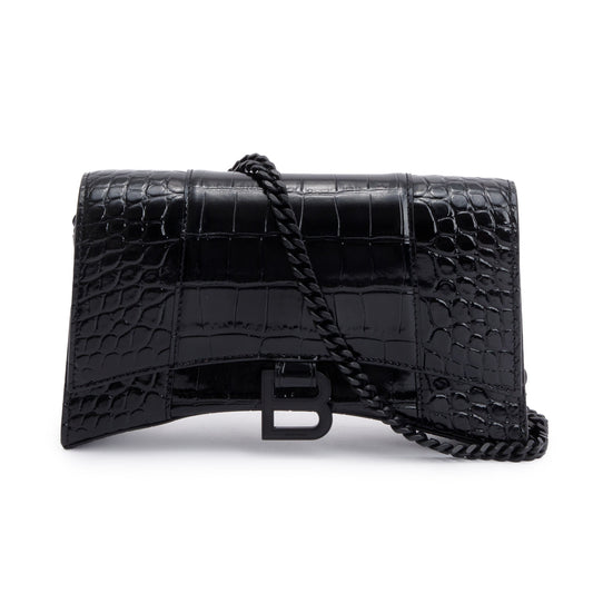 Balenciaga Black Monochrome Croc-Embossed Leather Hourglass Chain Wallet