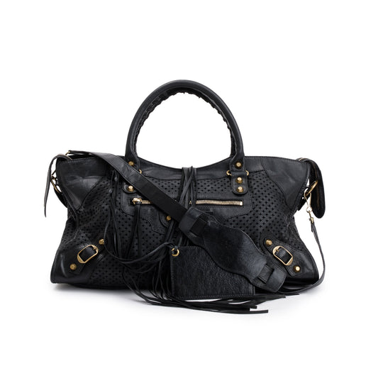 Balenciaga Black Perforated Arena Leather Motocross City Bag