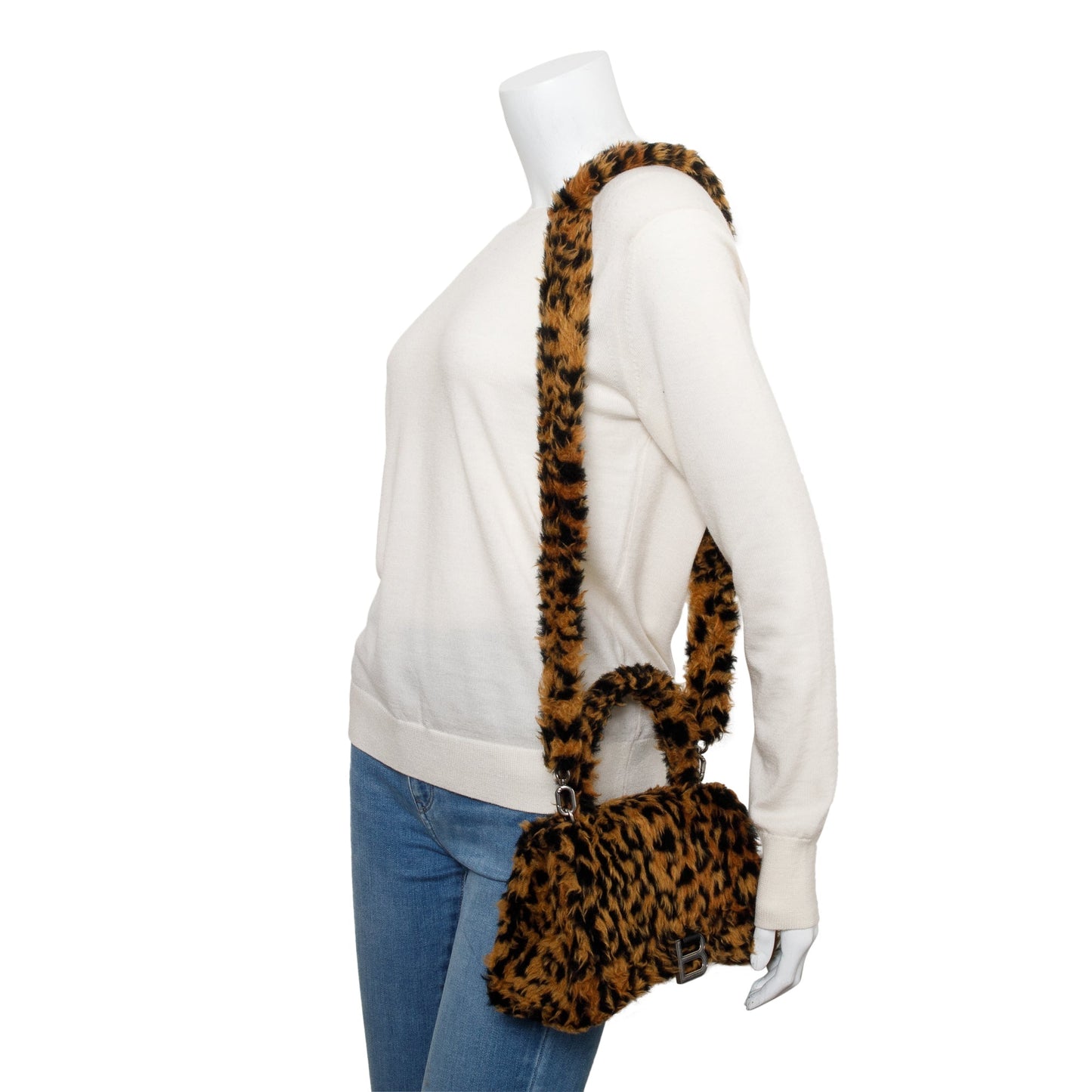 Balenciaga Brown Leopard Print Faux Fur Small Hourglass Top Handle Bag