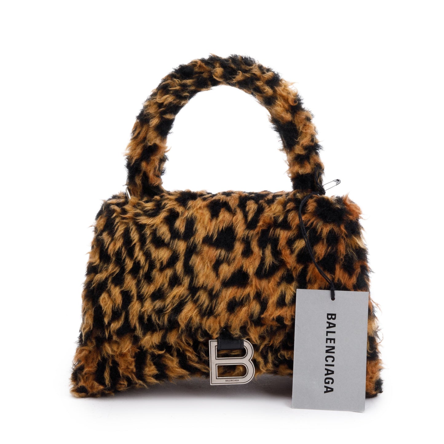 Balenciaga Brown Leopard Print Faux Fur Small Hourglass Top Handle Bag