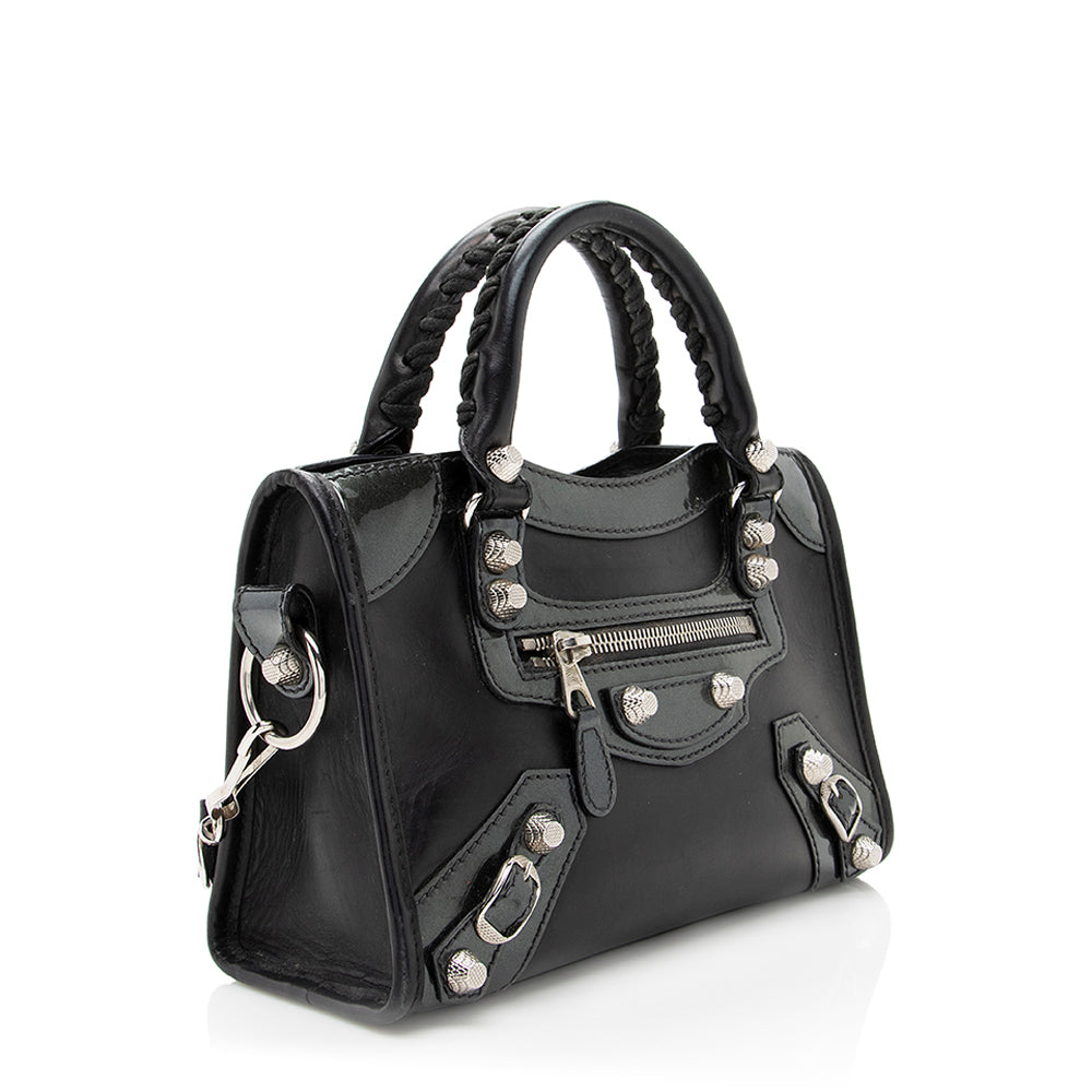 Luxury Balenciaga Trending 2026 Patent Matte Calfskin Metal Edge City Mini Satchel - FINAL SALE (SHF-17574)