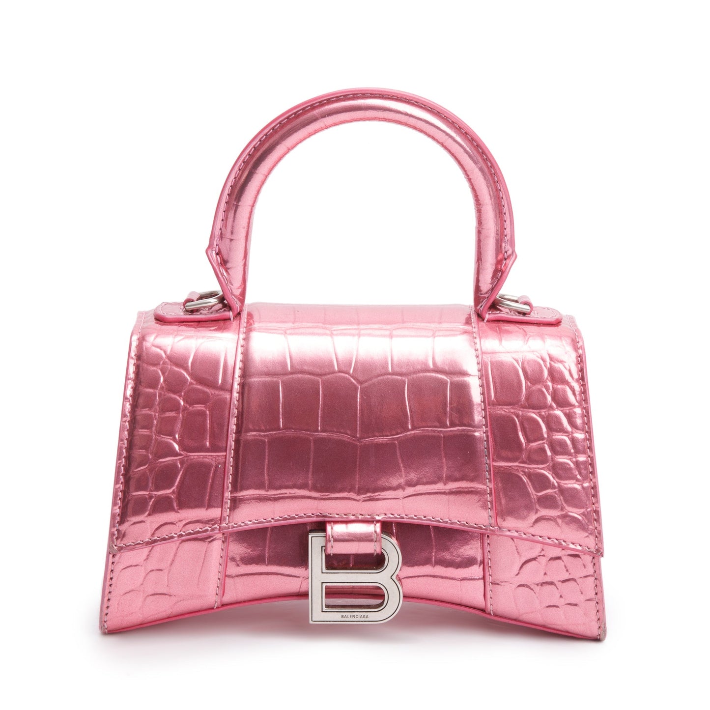 Balenciaga Pink Metallic Croc Embossed XS Hourglass Top Handle Bag