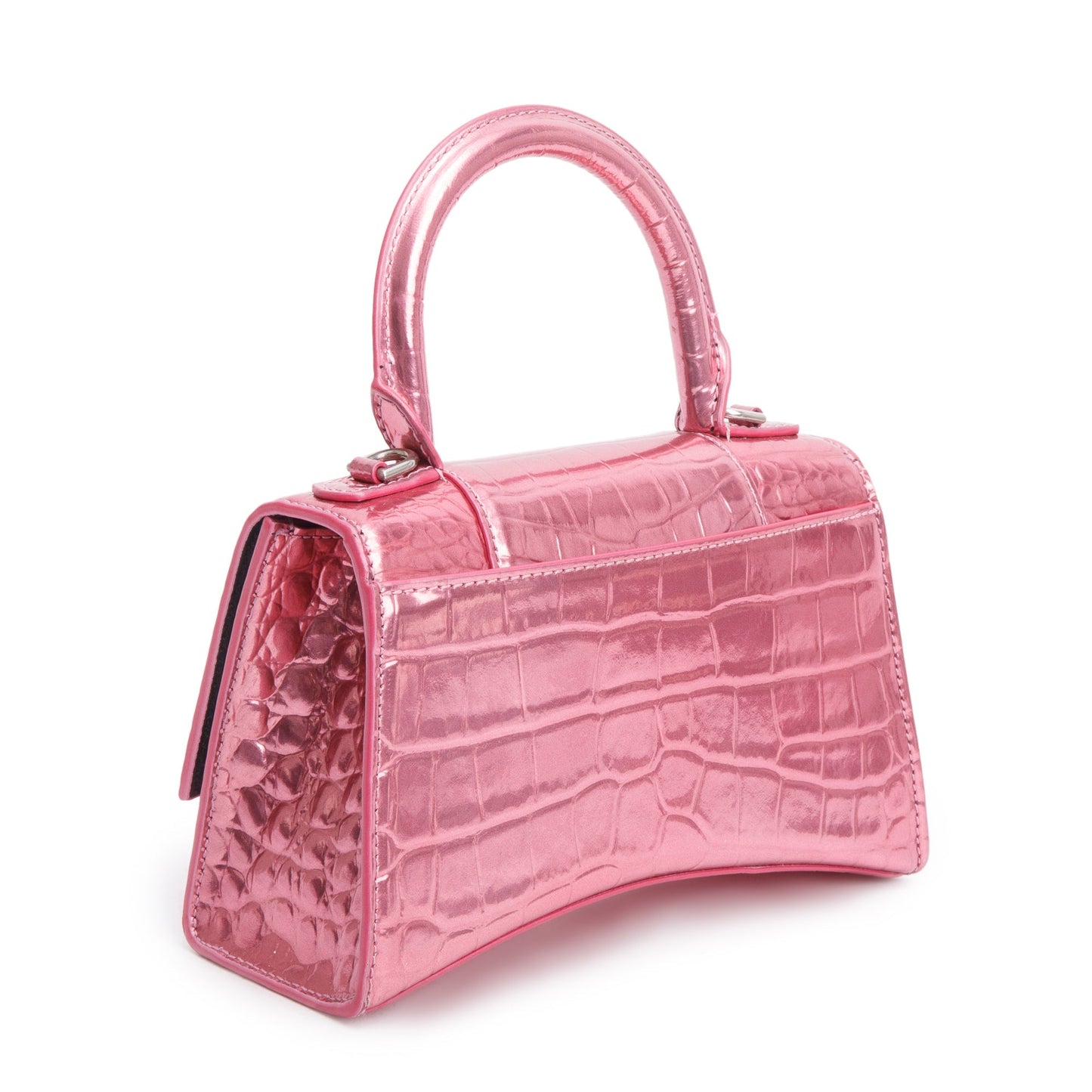Balenciaga Pink Metallic Croc Embossed XS Hourglass Top Handle Bag