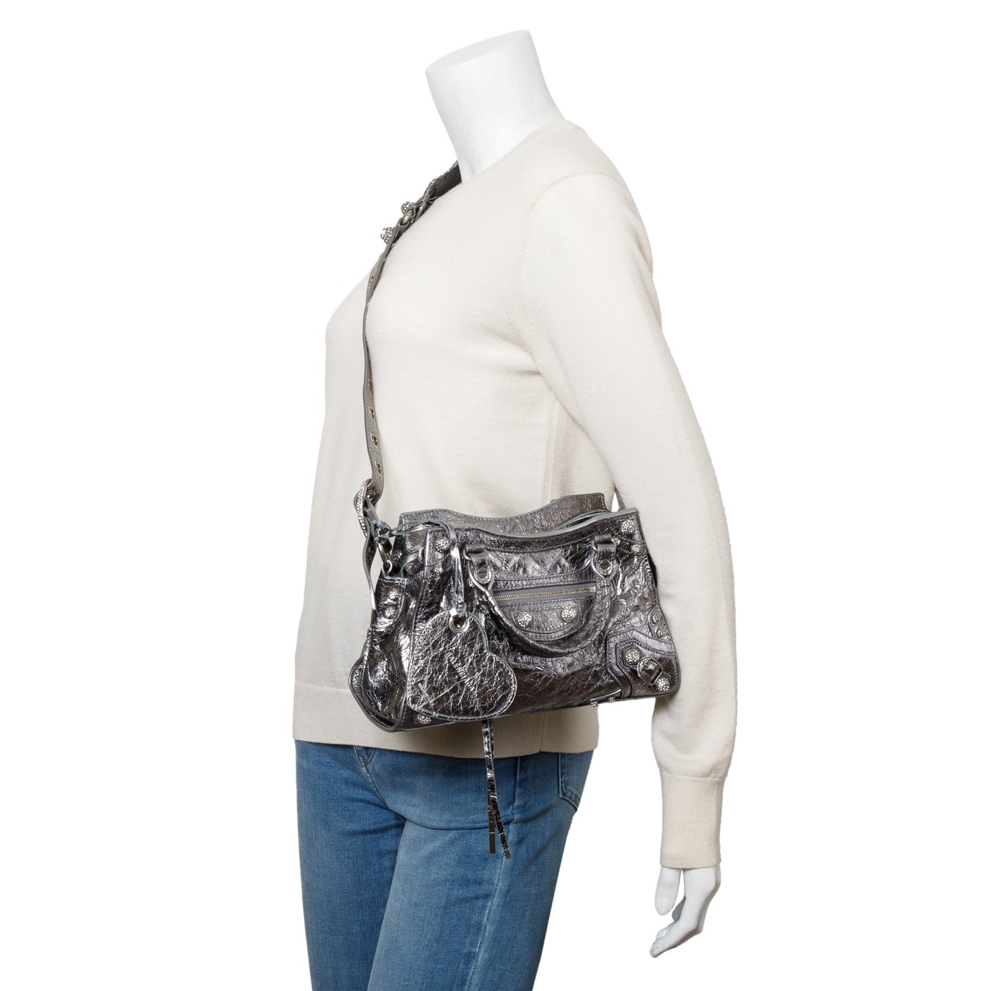 Balenciaga Silver Metallic Arena Leather Crystal Neo Cagole XS City Bag