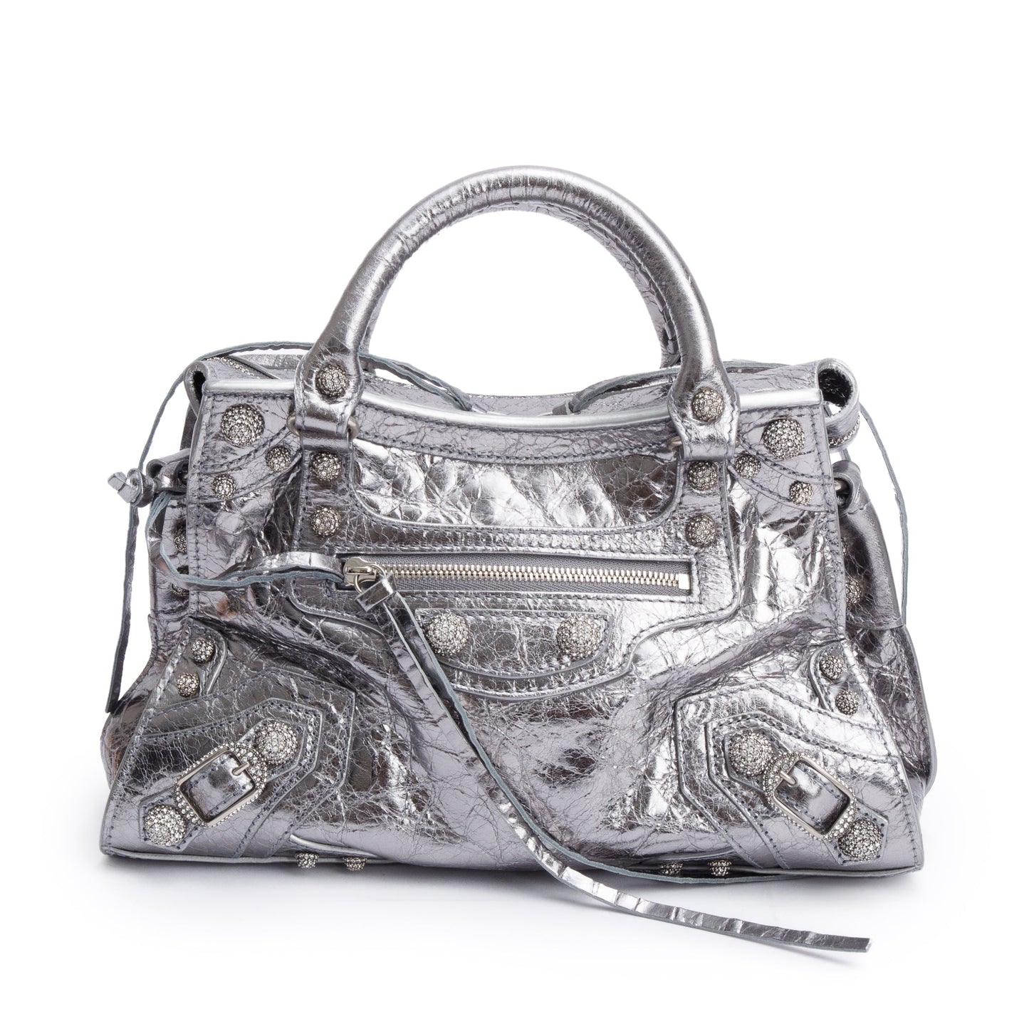 Balenciaga Silver Metallic Arena Leather Crystal Neo Cagole XS City Bag