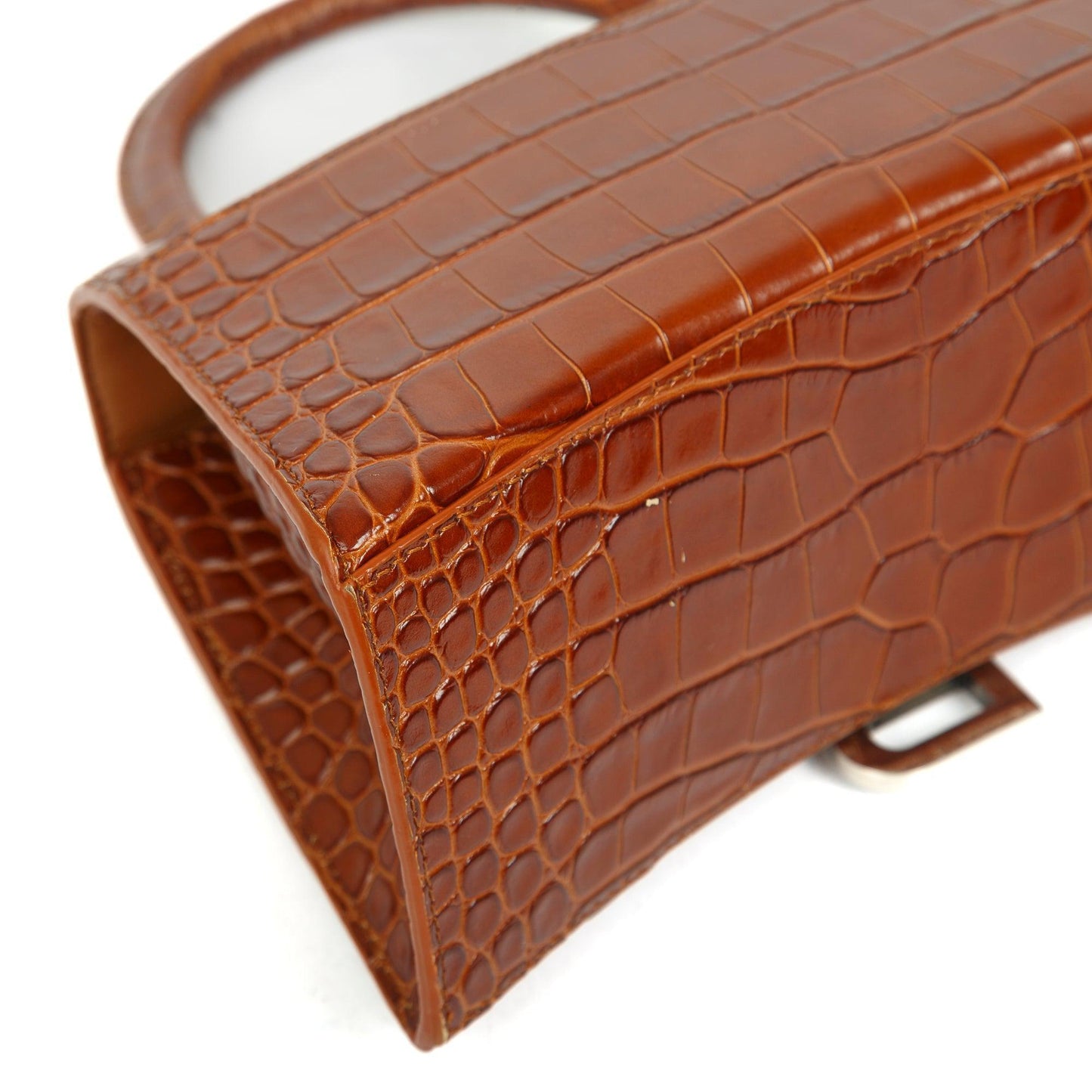 Balenciaga Small Brown Croc-Embossed Hourglass Top Handle Bag