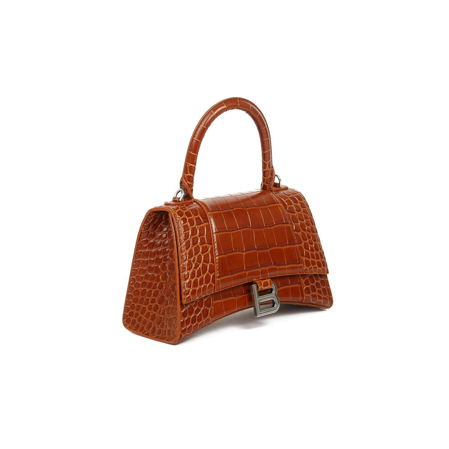Balenciaga Small Brown Croc-Embossed Hourglass Top Handle Bag