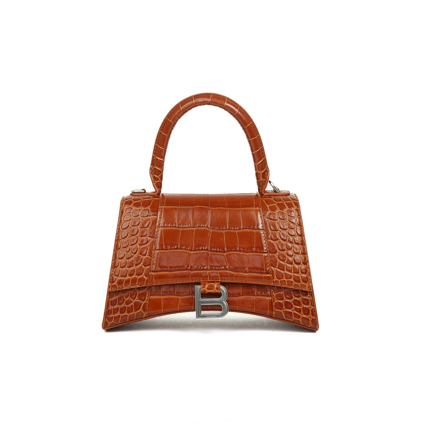 Balenciaga Small Brown Croc-Embossed Hourglass Top Handle Bag