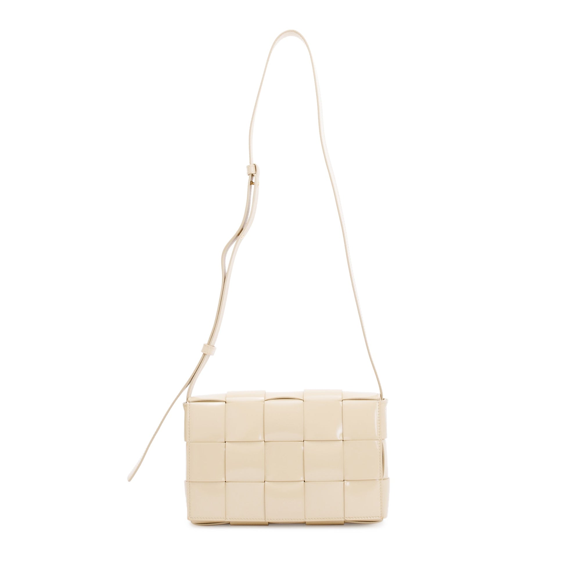 Bottega Veneta Beige Patent Leather Intrecciato Cassette Bag