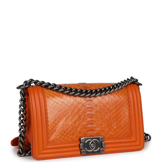 Chanel Medium Boy Bag Orange Python Aged Ruthenium Hardware