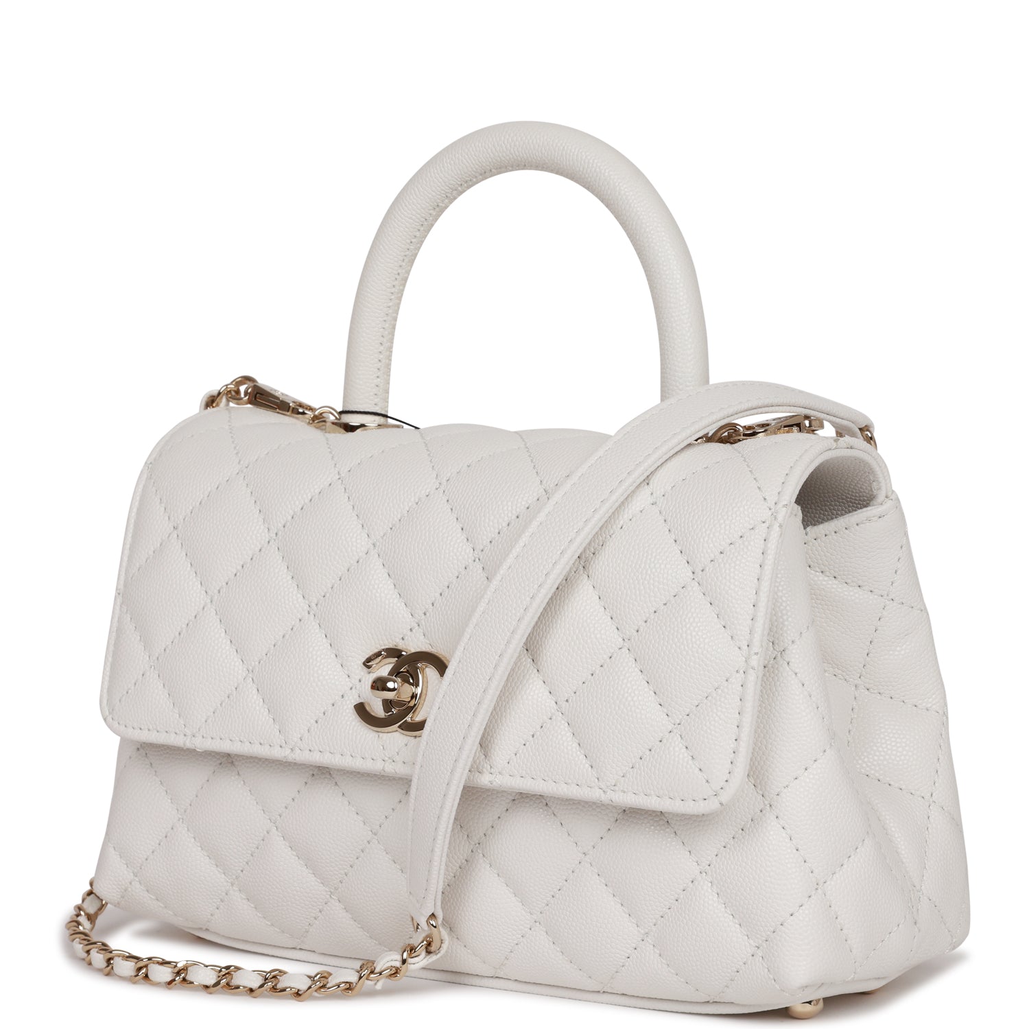 Chanel Small Coco Handle Flap Bag White Caviar Light Gold Hardware