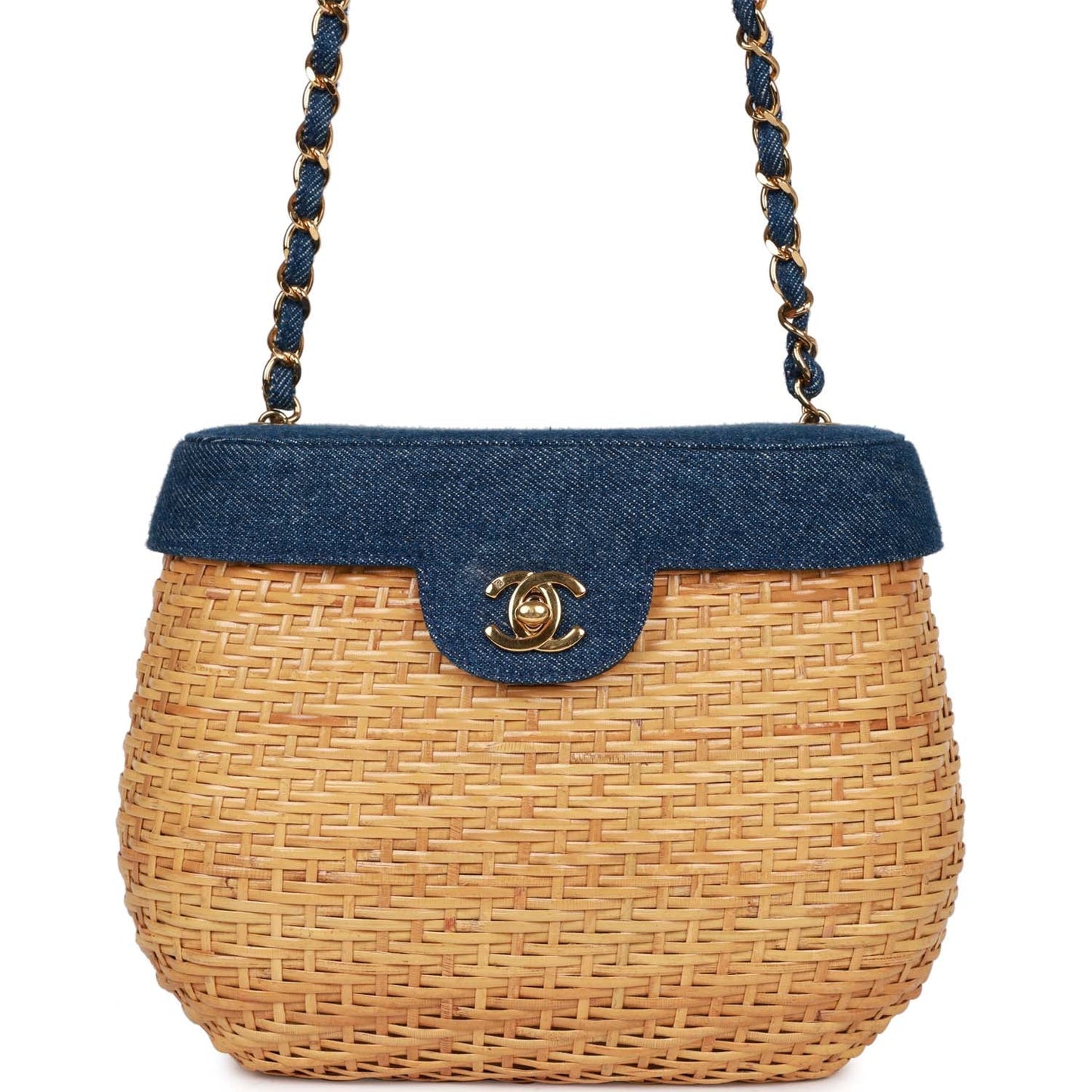 Chanel Basket Bag Denim and Rattan Wicker Gold Hardware