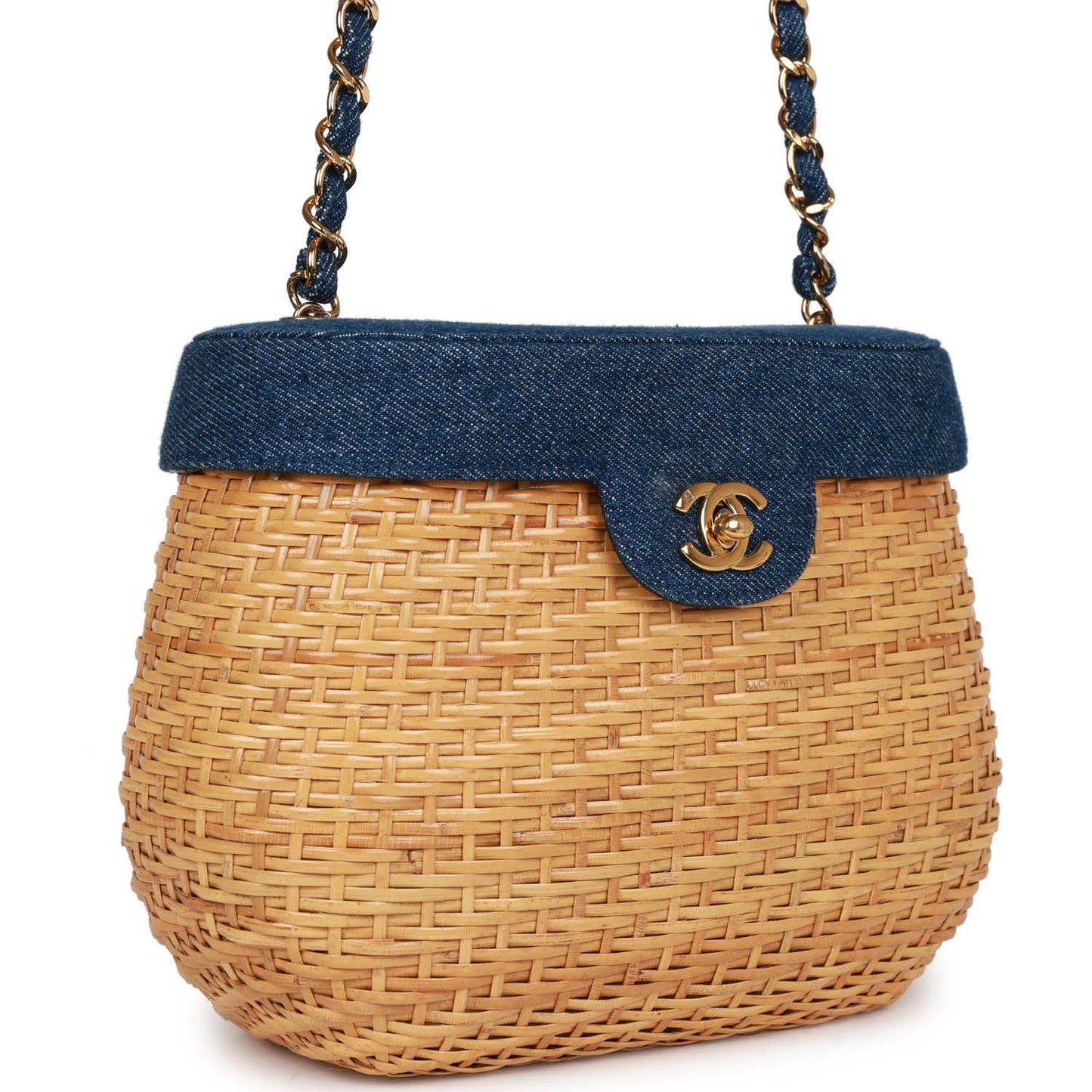 Chanel Basket Bag Denim and Rattan Wicker Gold Hardware