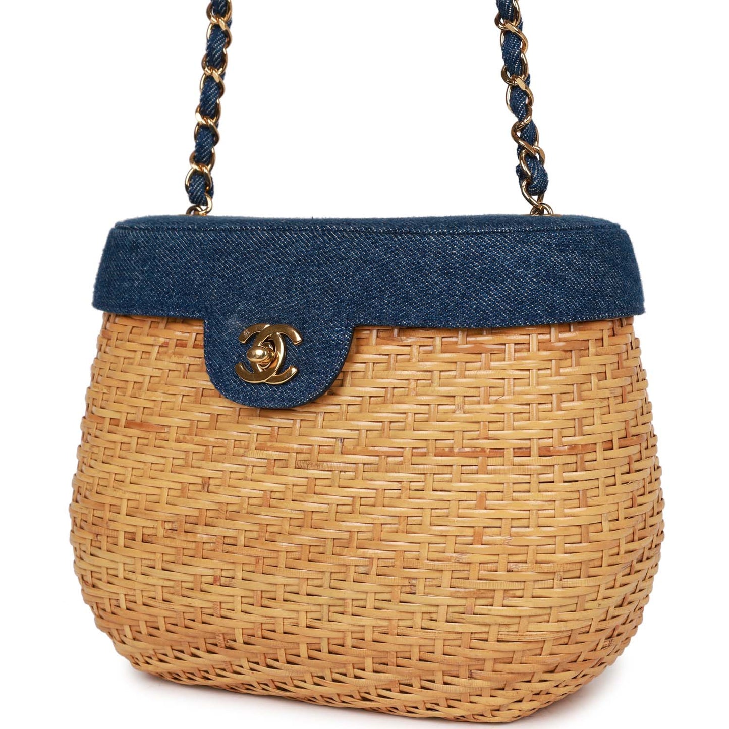 Chanel Basket Bag Denim and Rattan Wicker Gold Hardware