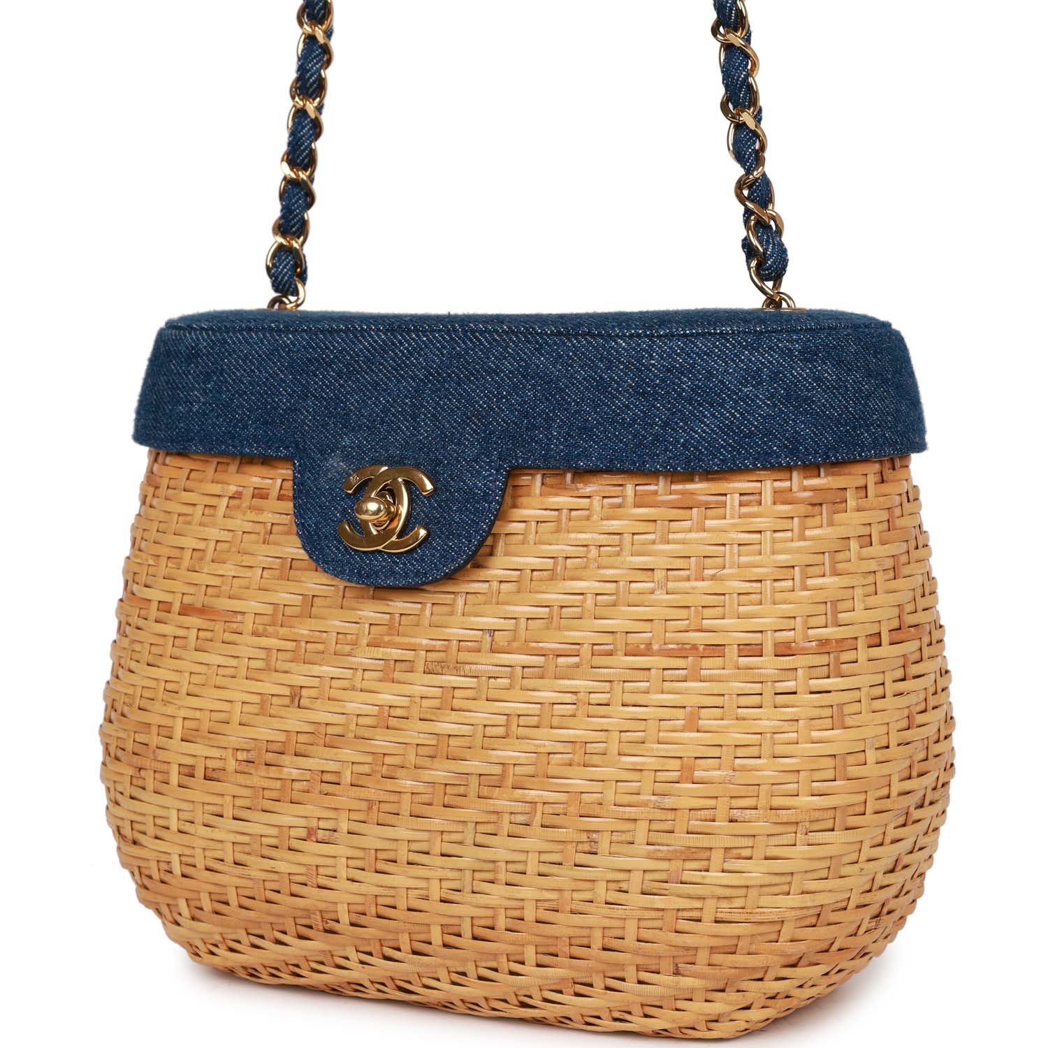 Chanel Basket Bag Denim and Rattan Wicker Gold Hardware