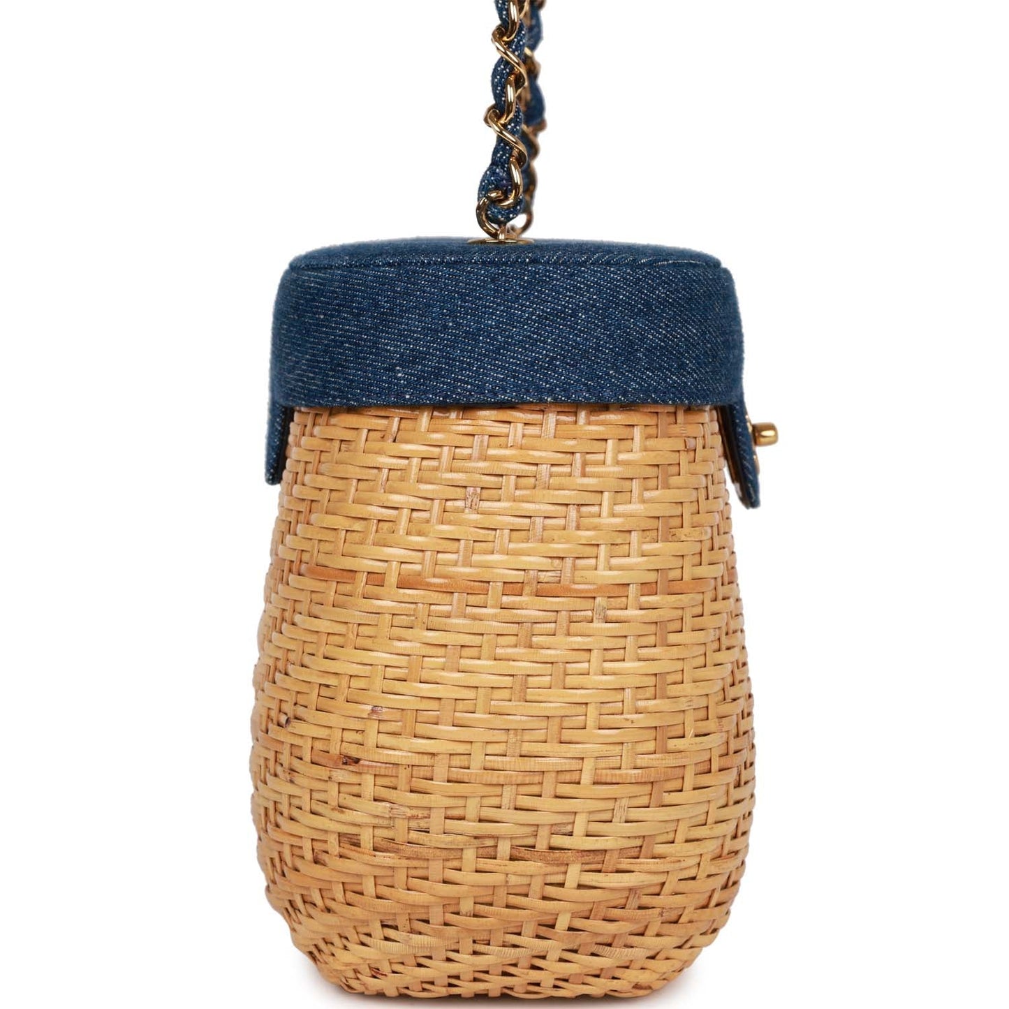 Chanel Basket Bag Denim and Rattan Wicker Gold Hardware