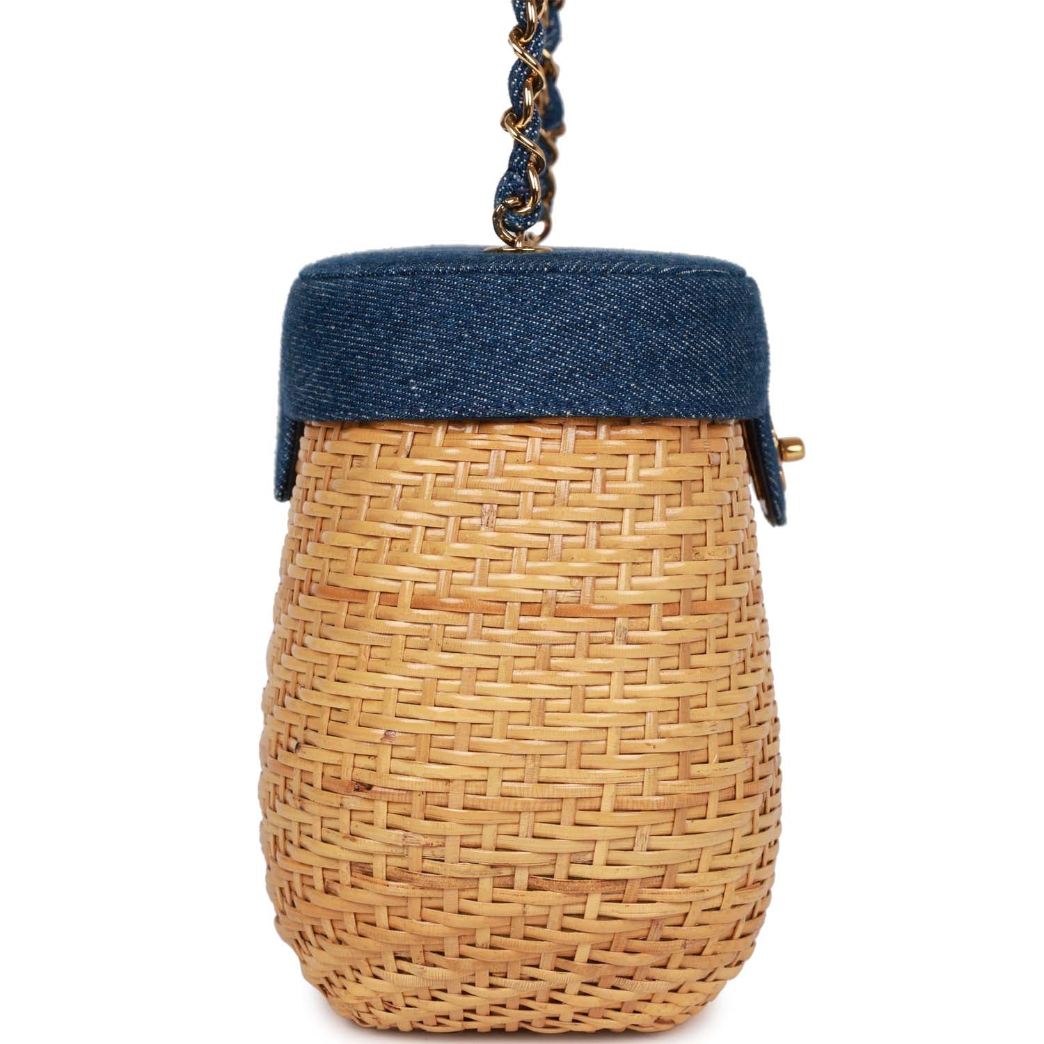 Chanel Basket Bag Denim and Rattan Wicker Gold Hardware