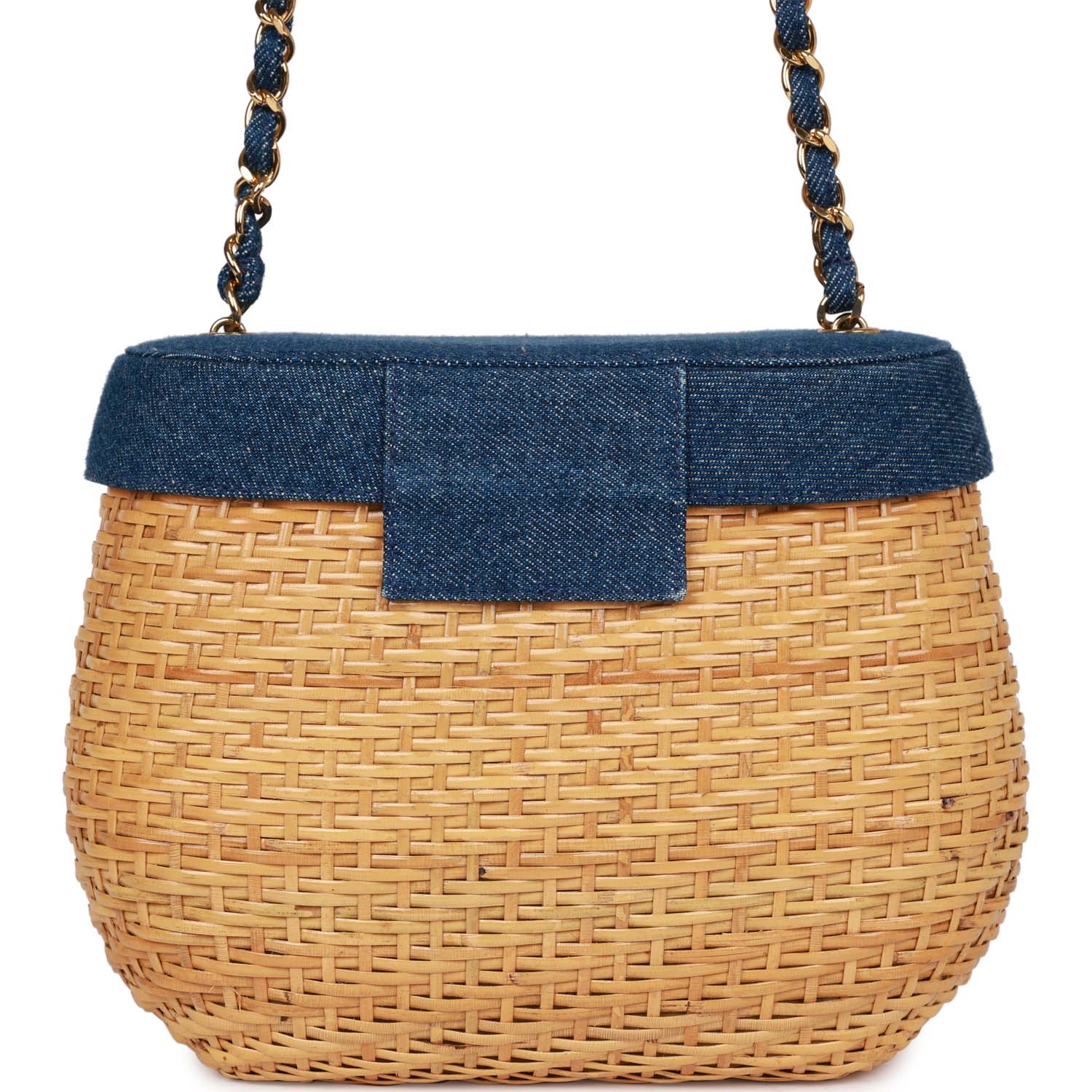 Chanel Basket Bag Denim and Rattan Wicker Gold Hardware