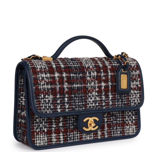 Chanel Medium School Memory Flap Bag with Top Handle Navy Multicolor Tweed Aged Gold Hardware
