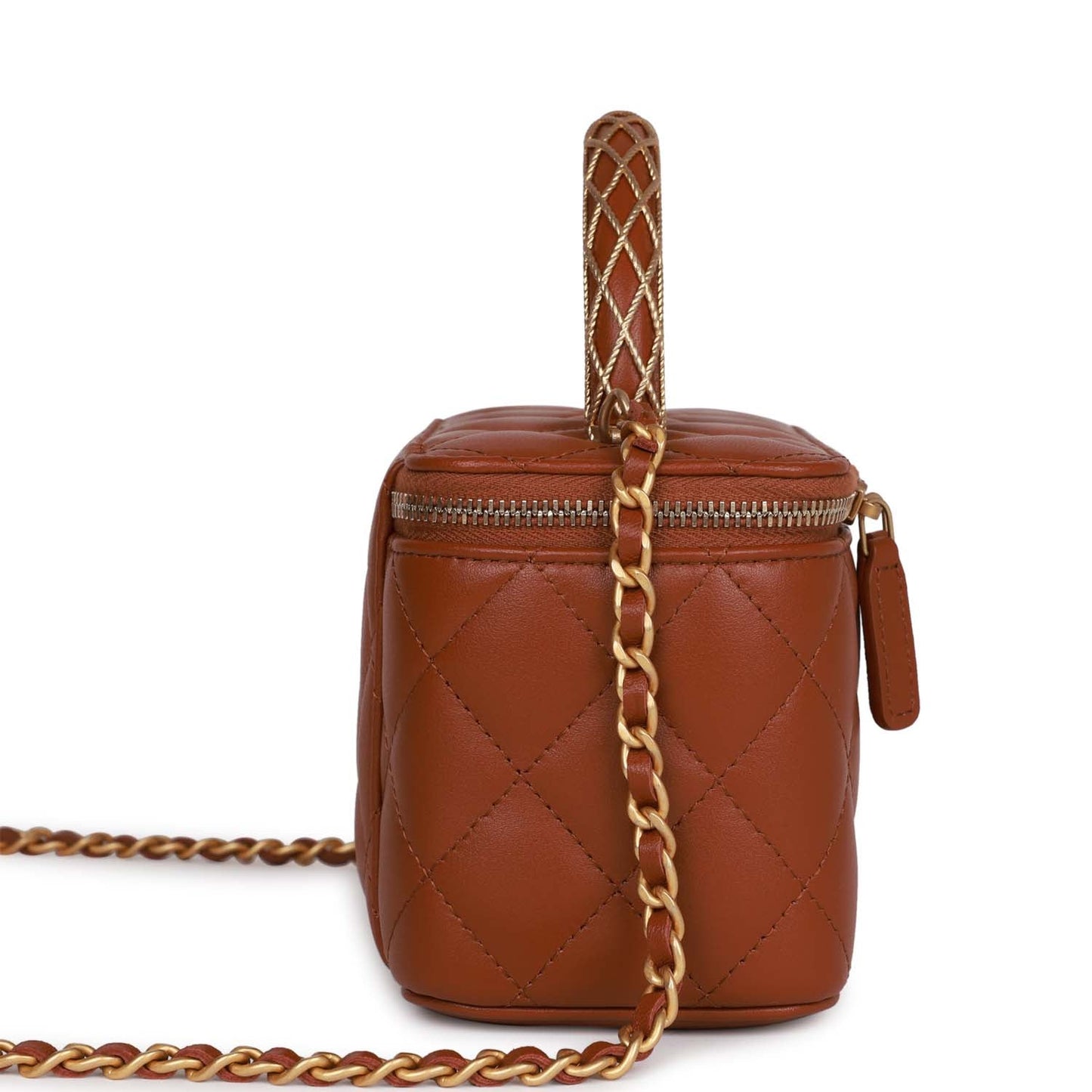 Chanel Small Top Handle Vanity Case Brown Lambskin Brushed Gold Hardware Handbag