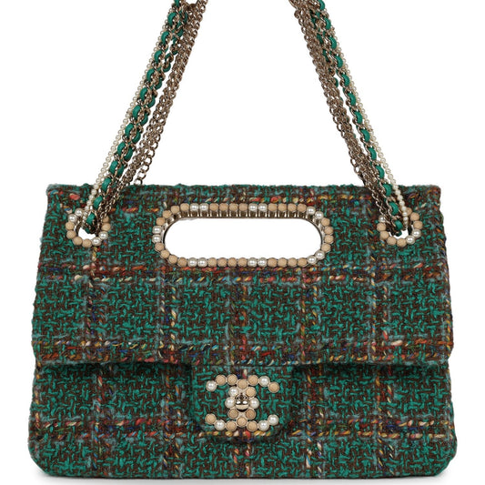 Chanel Large Double Flap Bag with Cut Out Handle and Multi Chain Green Tweed Gold Hardware