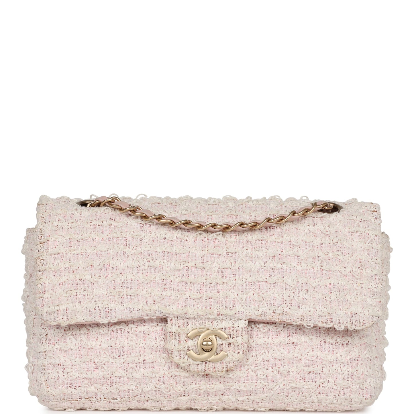 Chanel Medium Single Flap Bag Pink and White Tweed Brushed Gold Hardware