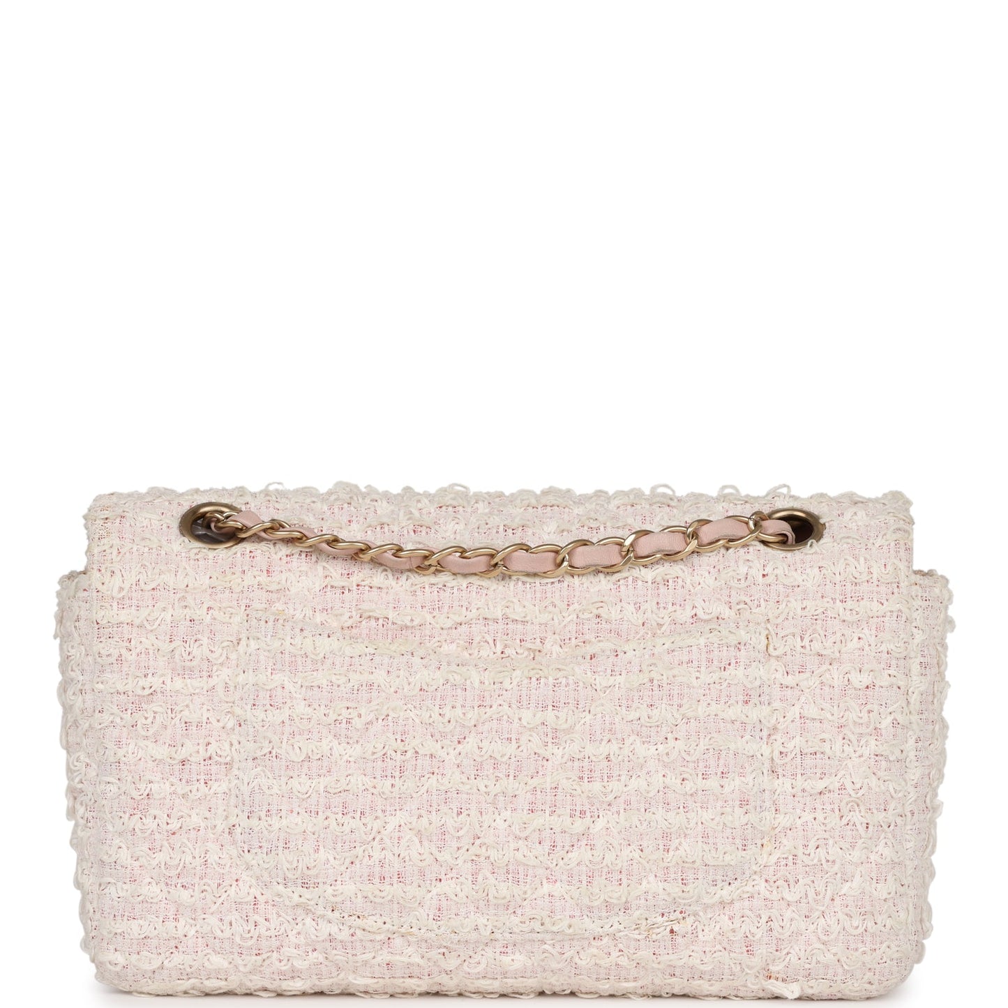 Chanel Medium Single Flap Bag Pink and White Tweed Brushed Gold Hardware