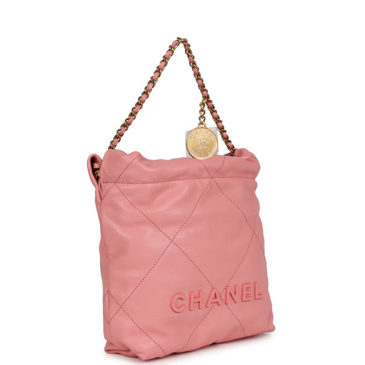 Chanel Mini 22 Bag Pink Shiny Pebbled Calfskin Gold Hardware