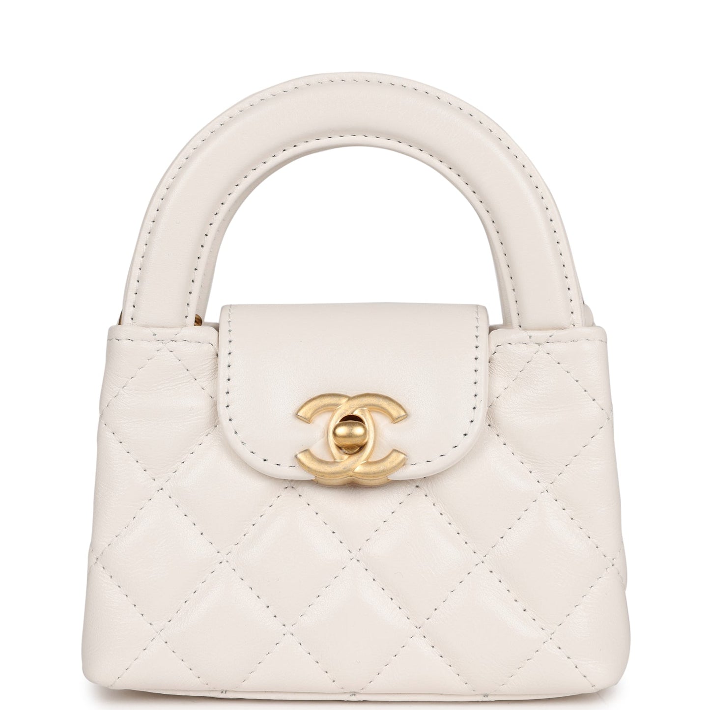 Chanel Nano Kelly Shopper White Shiny Aged Calfskin Brushed Gold Hardware Handbag