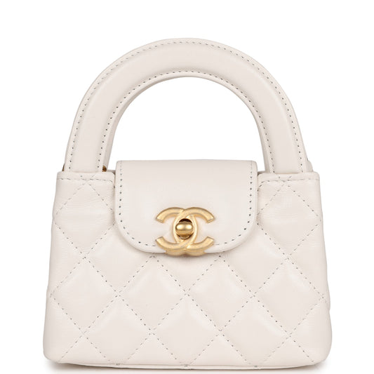 Chanel Nano Kelly Shopper White Shiny Aged Calfskin Brushed Gold Hardware Handbag