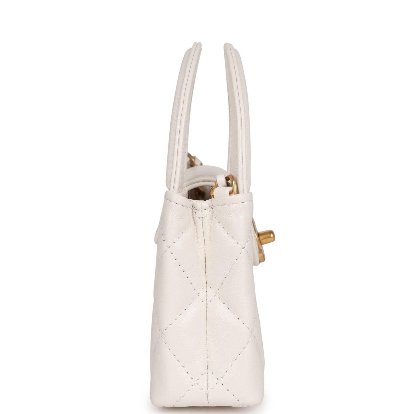 Chanel Nano Kelly Shopper White Shiny Aged Calfskin Brushed Gold Hardware Handbag