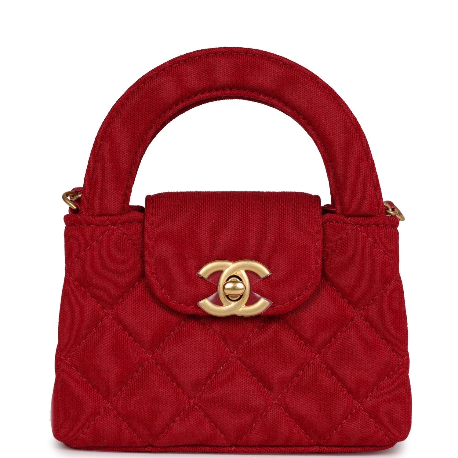 Chanel Nano Kelly Shopper Red Jersey Brushed Gold Hardware Handbag
