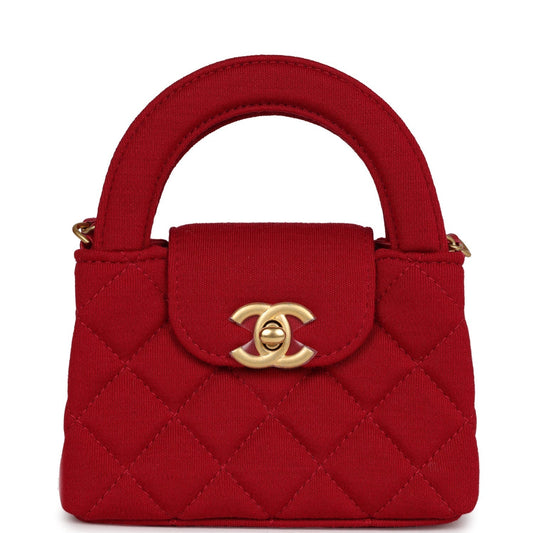 Chanel Nano Kelly Shopper Red Jersey Brushed Gold Hardware Handbag