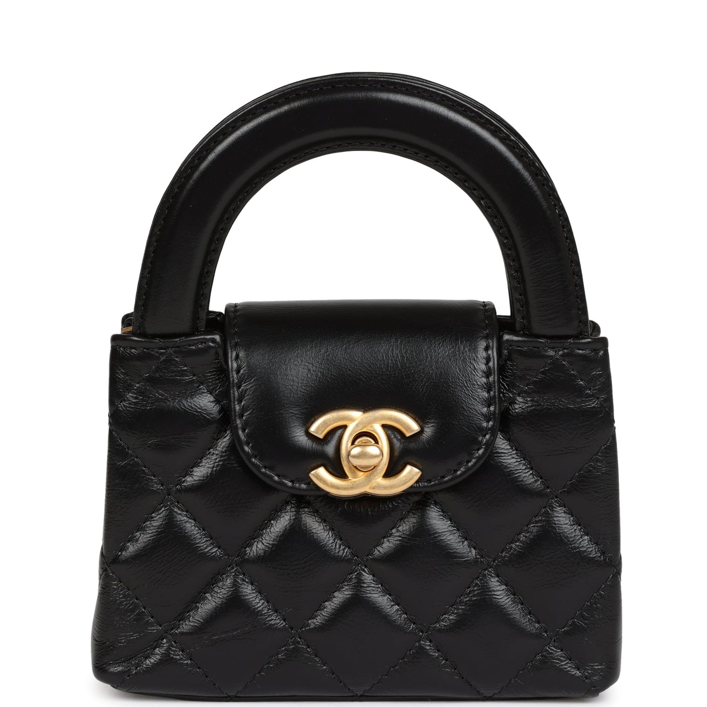 Chanel Nano Kelly Shopper Black Shiny Aged Calfskin Brushed Gold Hardware Crossbody