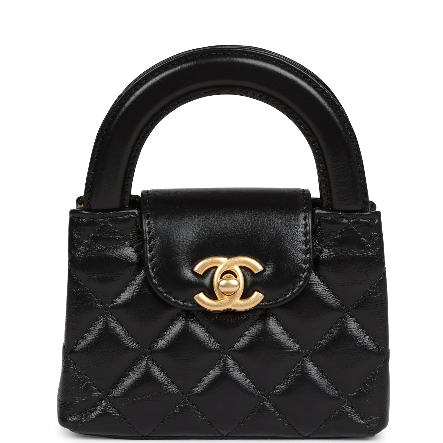Chanel Nano Kelly Shopper Black Shiny Aged Calfskin Brushed Gold Hardware Crossbody