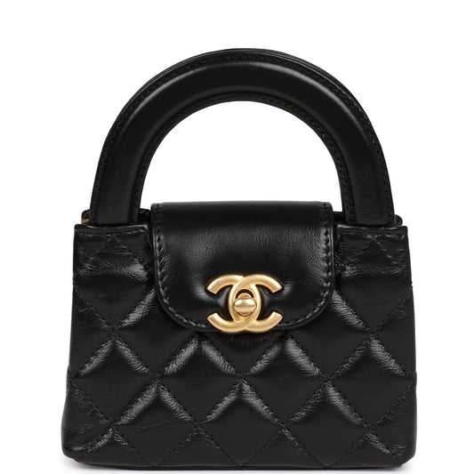 Chanel Nano Kelly Shopper Black Shiny Aged Calfskin Brushed Gold Hardware Crossbody
