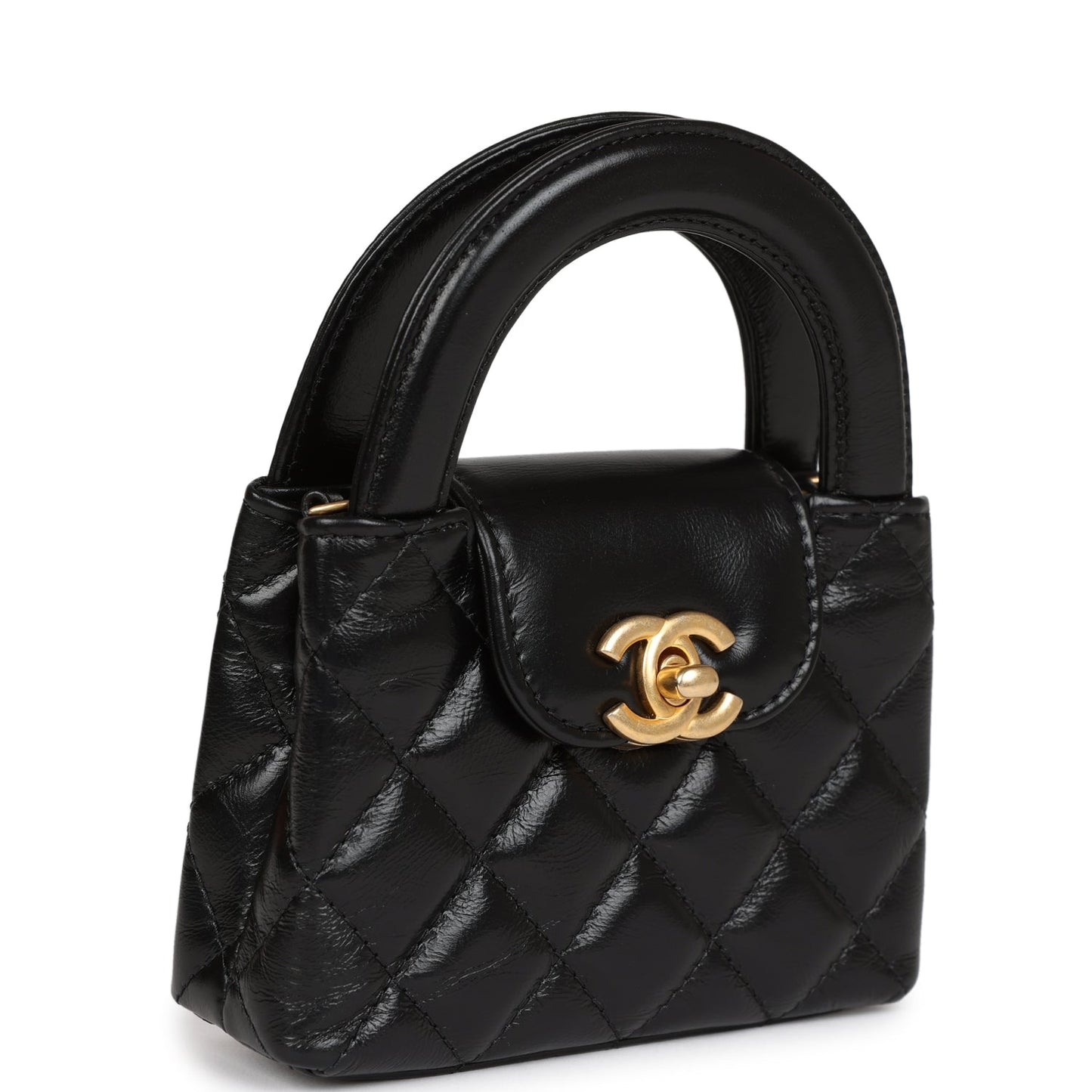 Chanel Nano Kelly Shopper Black Shiny Aged Calfskin Brushed Gold Hardware Crossbody