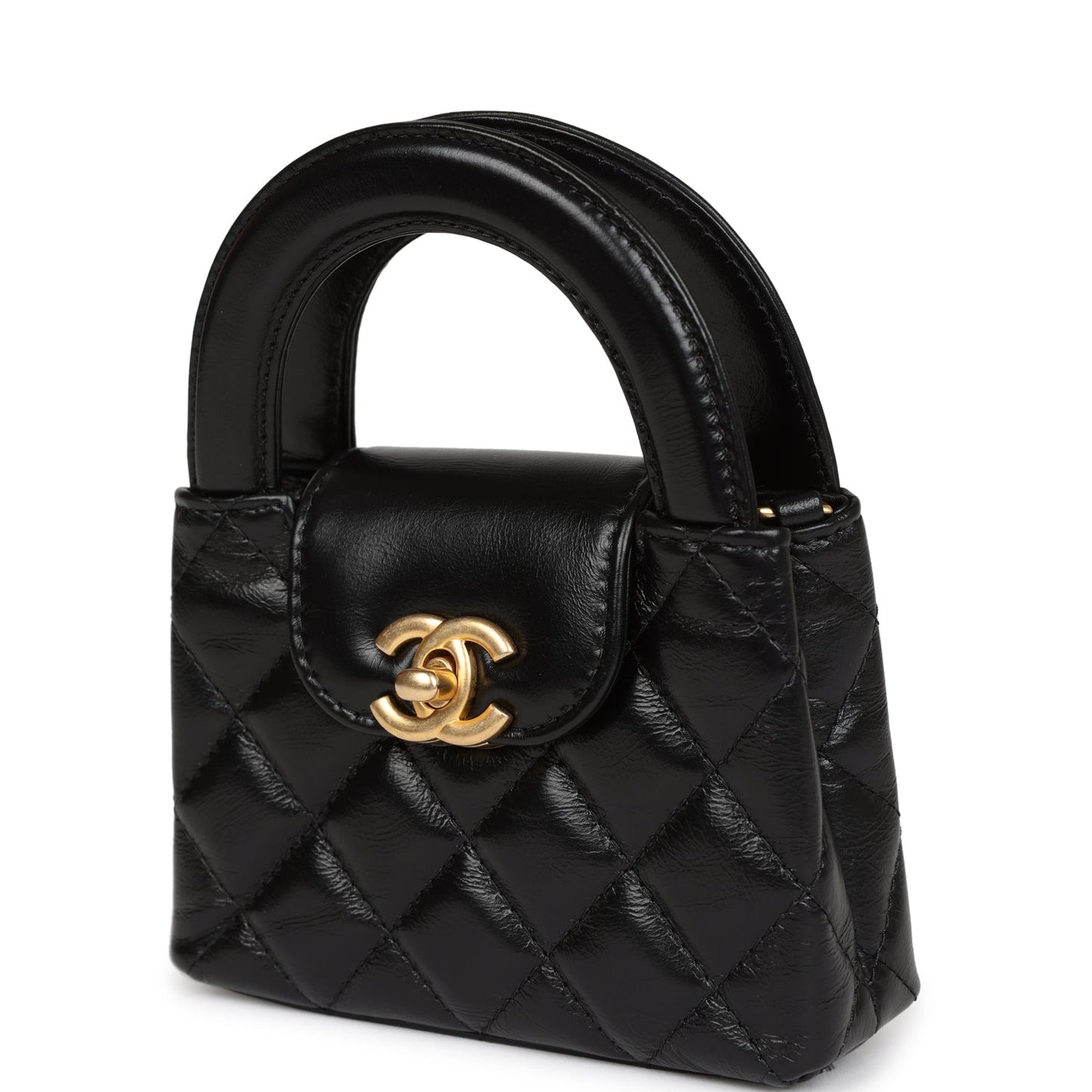 Chanel Nano Kelly Shopper Black Shiny Aged Calfskin Brushed Gold Hardware Crossbody